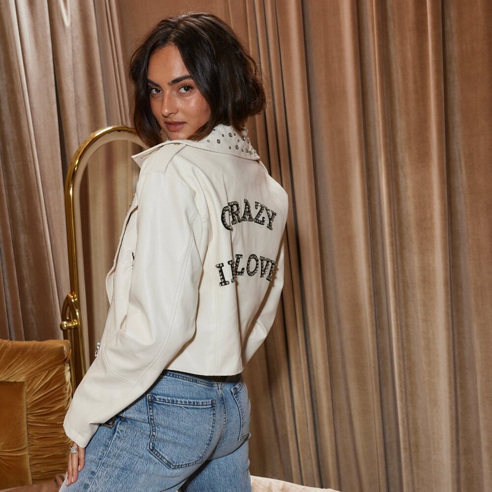 12th Tribe Crazy In Love Ivory Faux Leather Jacket Size SS